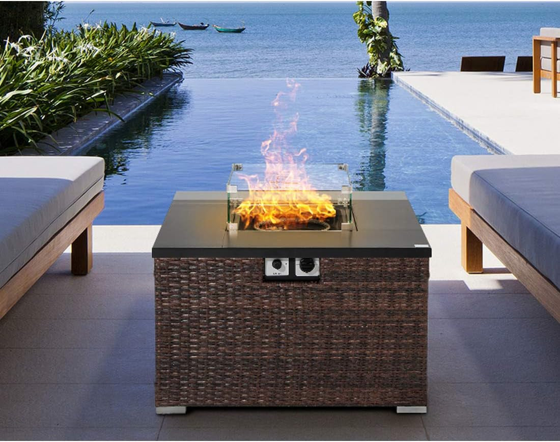 Outdoor Propane Burning Fire Table, Dark Brown Rattan Fire Fit Table 40,000 BTU, Waterproof Cover for Garden, Backyard