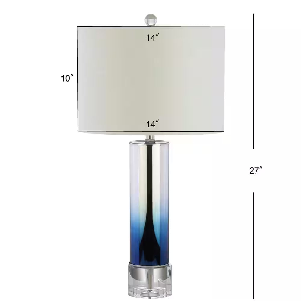 Edward 27” Blue Glass/Crystal LED Table Lamp - Stylish Ombre Glass with Cotton Drum Shade for Bedroom, Living Room, or Office