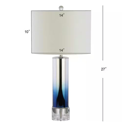 Edward 27” Blue Glass/Crystal LED Table Lamp - Stylish Ombre Glass with Cotton Drum Shade for Bedroom, Living Room, or Office