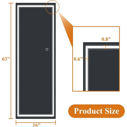 LED Full-Length Mirror 63”x16” - Large Rectangle Standing Mirror with 3-Color Dimmable Lighting, Stepless Dimming, White Frame