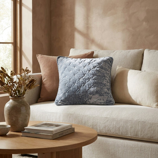 Light Blue Plush Diamond Tufted Velvet Cushion Covers & Euro Sham