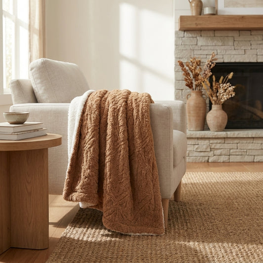 Tache Caramel Brown Faux Fur Throw Blanket Chevron Geometric Embossed (#10)