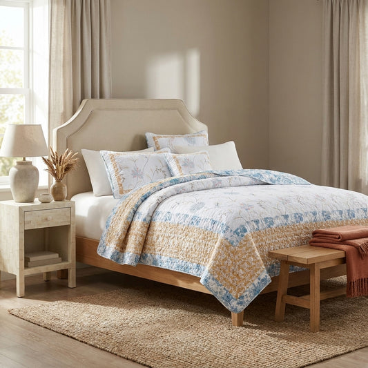 Coastal Cottage Cotton Patchwork Quilt Set, White, Blue, Yellow Floral
