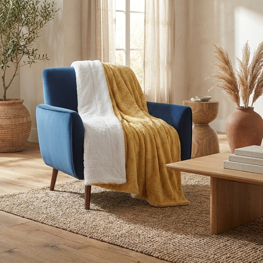 Tache Faux Fur Mustard Yellow Moroccan Lattice Pattern Throw Blanket (3397)