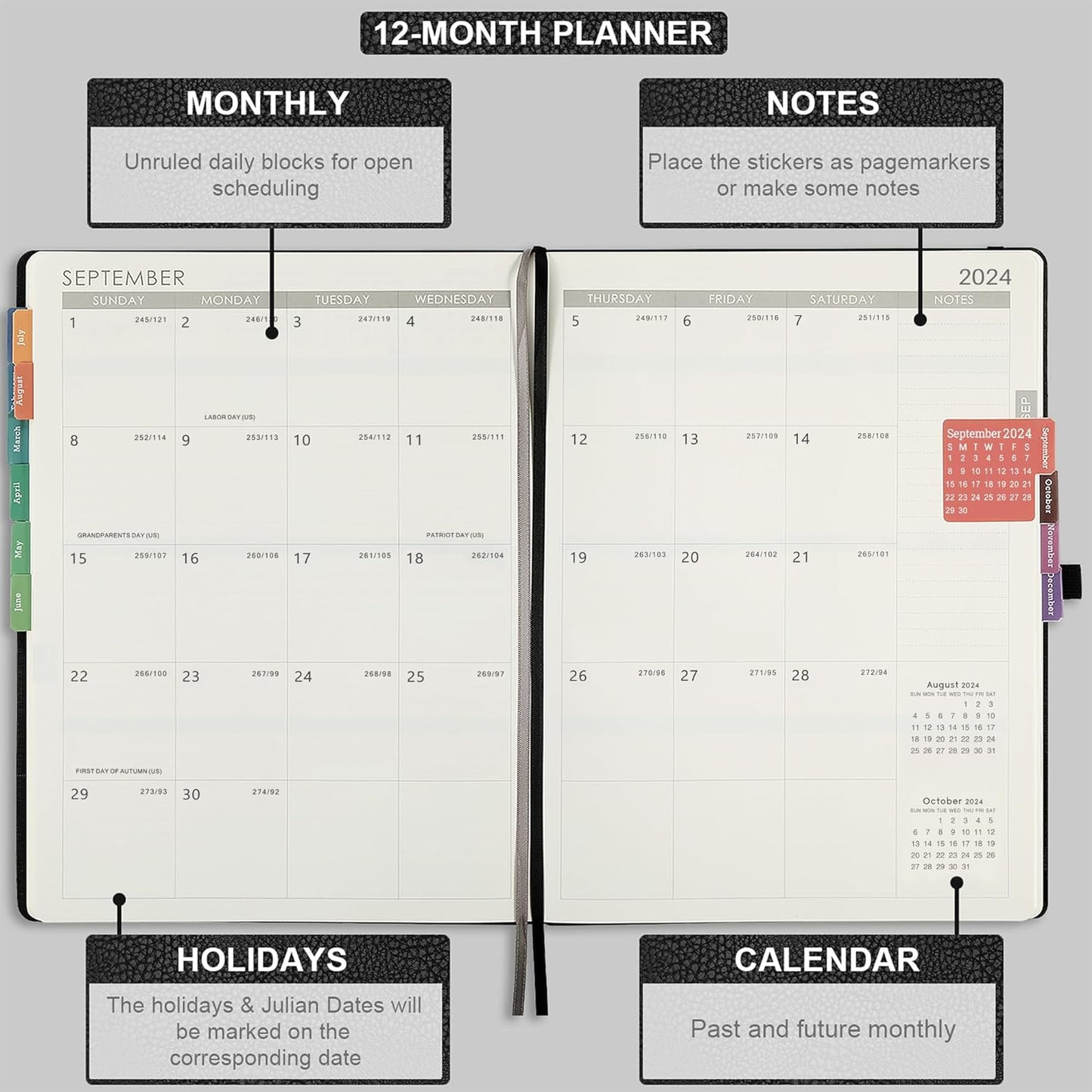 2024-2025 Planner - Weekly Monthly Planner 2024-2025, JUL 2024 - JUN 2025, 8.5" X 11", Leather Cover Planner 2024-2025 with Thick Paper, Back Pocket with Notes Pages - Black