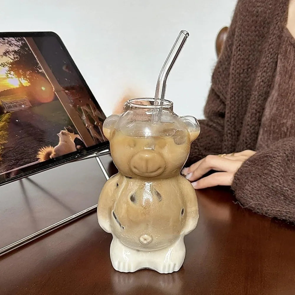 320ML Cute Bear-Shaped Glass Coffee Mug with Straw - Transparent Drinkware for Coffee, Tea, Milk, and More - Ideal Gift for All Occasions