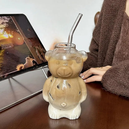 320ML Cute Bear-Shaped Glass Coffee Mug with Straw - Transparent Drinkware for Coffee, Tea, Milk, and More - Ideal Gift for All Occasions