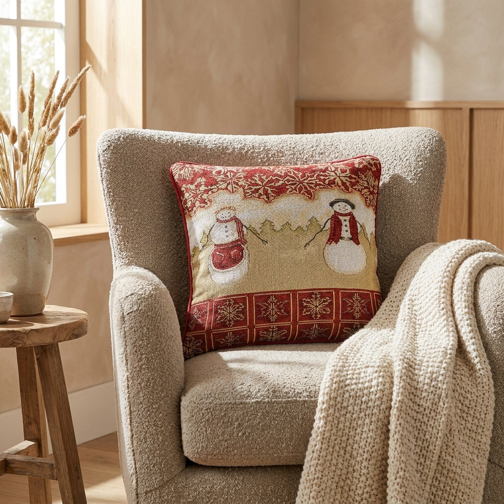 Woven Tapestry Throw Pillow Cover | Mr. & Mrs. Snowman Couple