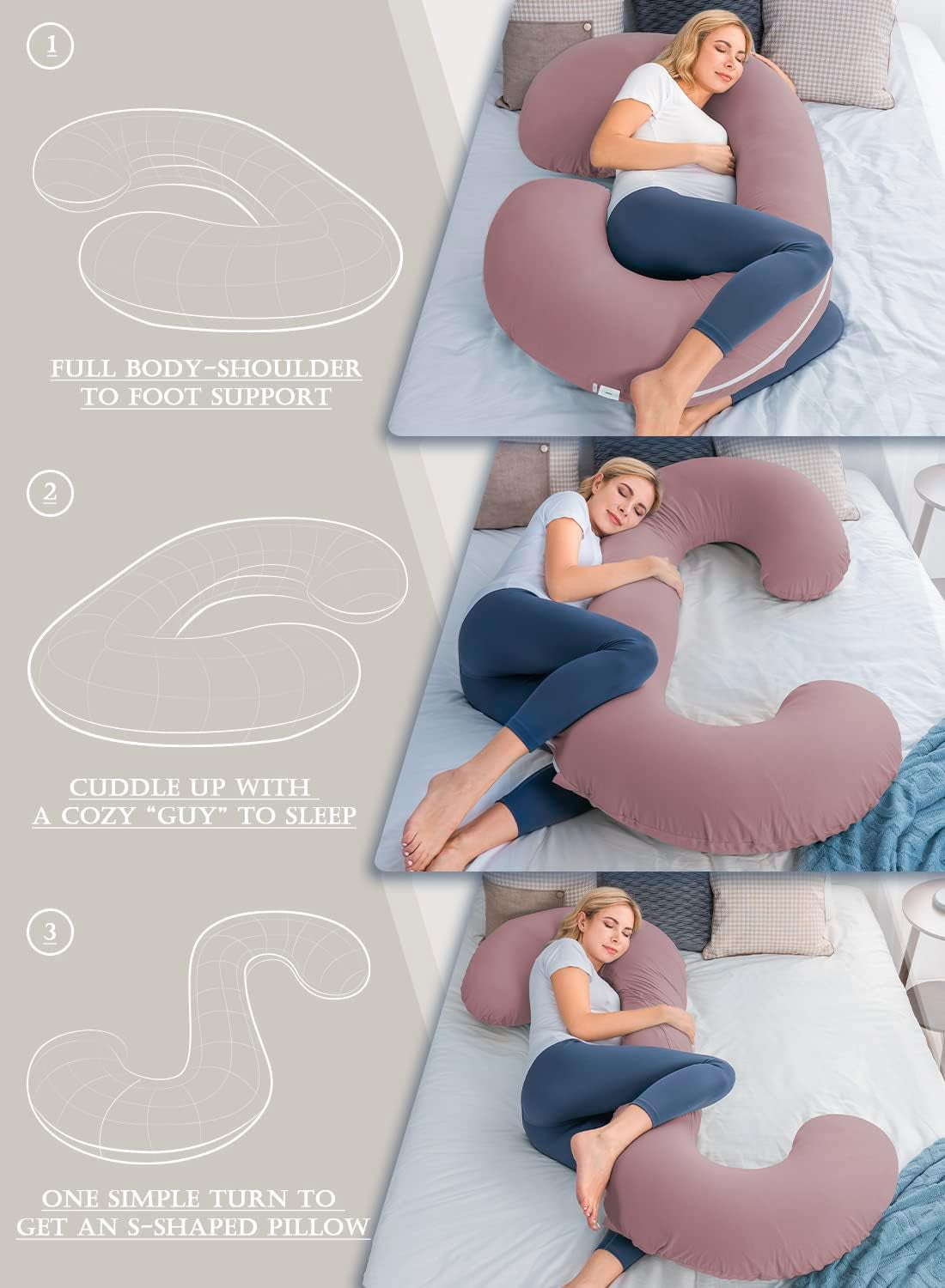 Pregnancy Pillow,Maternity Body Pillow with Velvet Cover,C Shaped Body Pillow for Sleeping (Cooling Cotton-Pink)