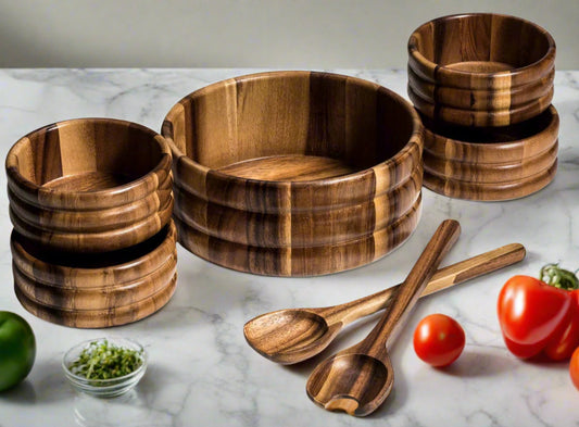 Acacia Wood Salad Bowl Set with Servers and Individual Bowls
