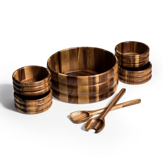Acacia Wood Salad Bowl Set with Servers and Individual Bowls