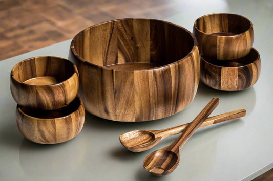 Acacia Wood Salad Bowl Set with Servers and Four Individual Bowls