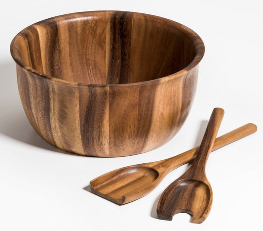 Large Acacia Wood Salad Bowl Set with Servers