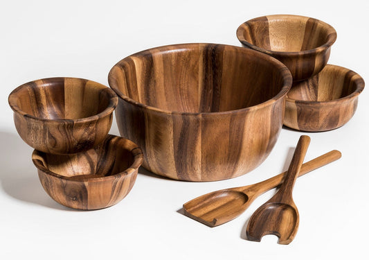 Acacia Wood Salad Bowl Set with Servers and Four Individual Bowls