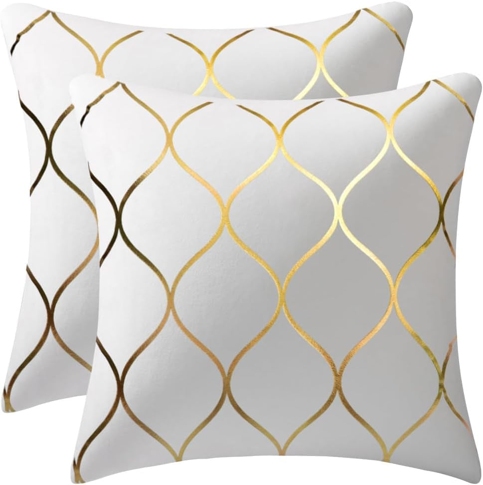 Gold Velvet Throw Pillow Covers, Off White - 2 Pack, 18x18 Inch Square Decorative Pillow Cases for Home and Office Decor