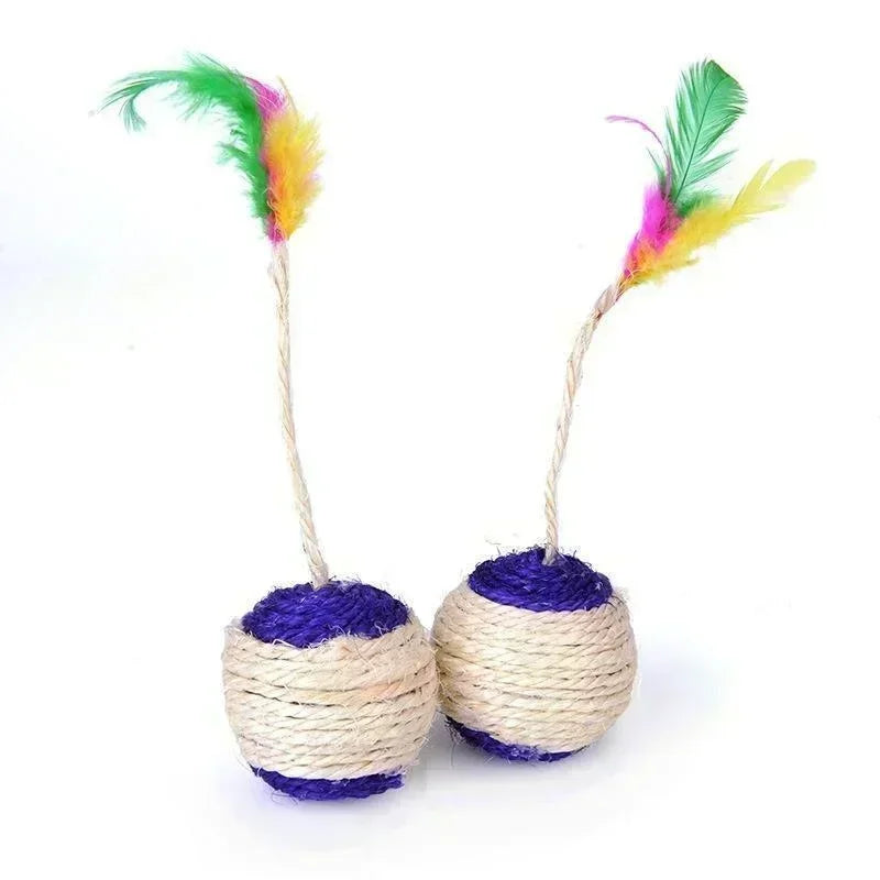 Sisal Scratching Ball with Feather - Interactive Cat Toy for Kitten Training and Play, 6.5cm Diameter