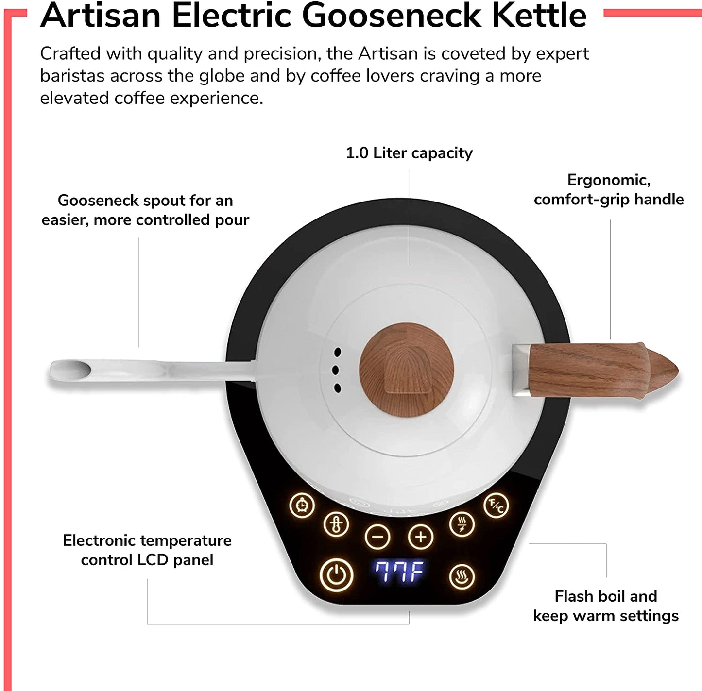 Artisan Electric Gooseneck Kettle, 1 Liter, for Pour over Coffee, Brewing Tea, LCD Panel, Precise Digital Temperature Selection, Flash Boil and Keep Warm Settings (All White)