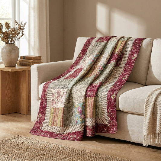 Tache Fairy Tale Tea Party Beige Burgundy Paisley Floral Cotton Patchwork Quilted Throw Blanket (DXJ103443)