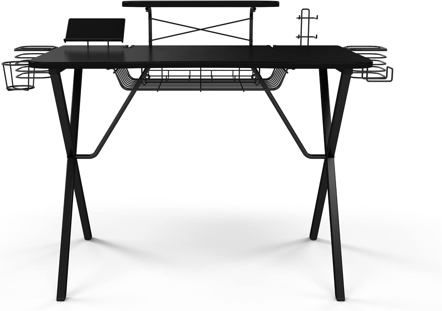 Gaming Desk with Carbon-Fiber Desktop, X-Legs, Detachable Monitor Platform, Tablet/Phone Holder, Speaker Stands - Black