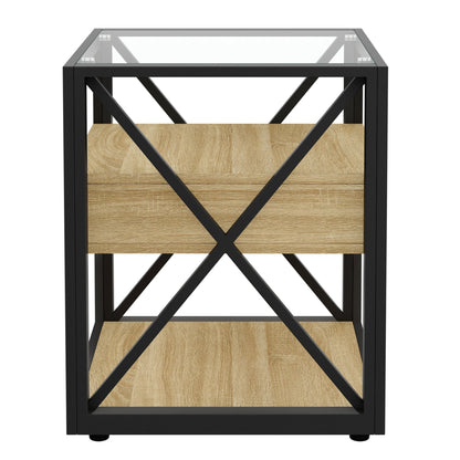 Modern End Tables with Drawer - Set of 2 Nightstands with Tempered Glass Top