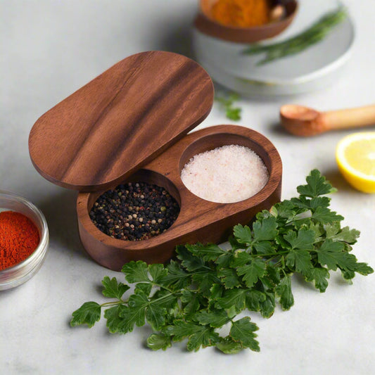 Acacia Wood Salt and Pepper Pinch Pot with Rotating Cover – view 4