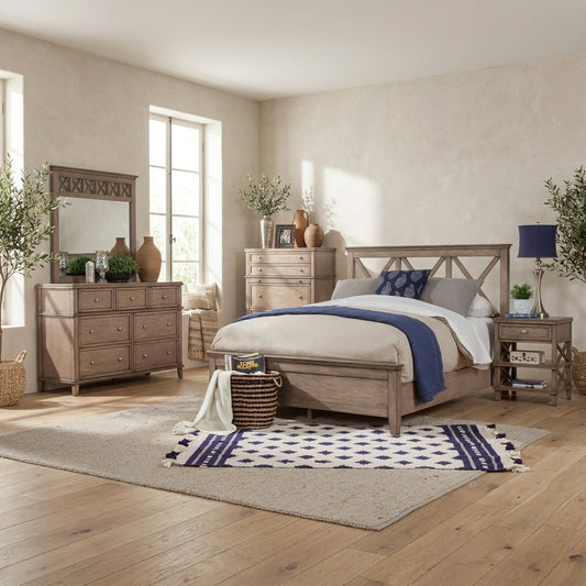 Potter Mahogany Wood Panel Bed with Cross-Back Headboard, French Truffle