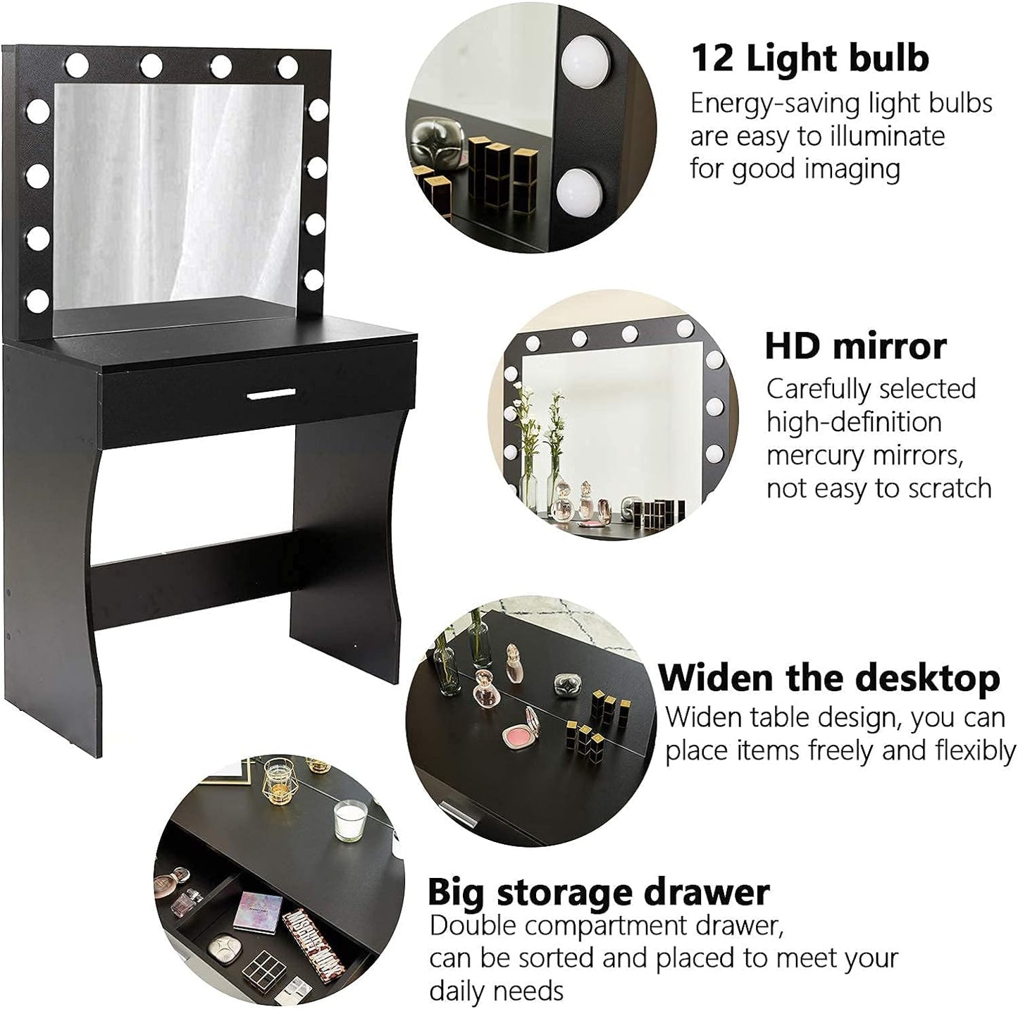 Titoni Black Makeup Vanity Desk Set with Mirror and LED Lights, 31.5” - Adjustable Brightness, Sturdy Wood Construction