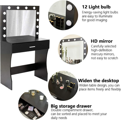 Titoni Black Makeup Vanity Desk Set with Mirror and LED Lights, 31.5” - Adjustable Brightness, Sturdy Wood Construction