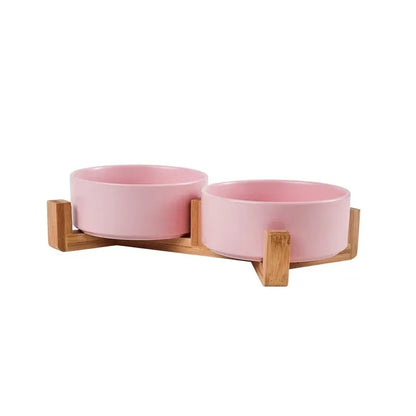 Ceramic Pet Bowl with Wooden Stand - Double Bowl Set for Dogs and Cats, Non-Spill Design, 400ml Each