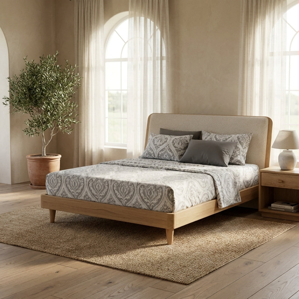 Polyester Ogee Damask Bed Sheet Set, Moon Sky Gray & White