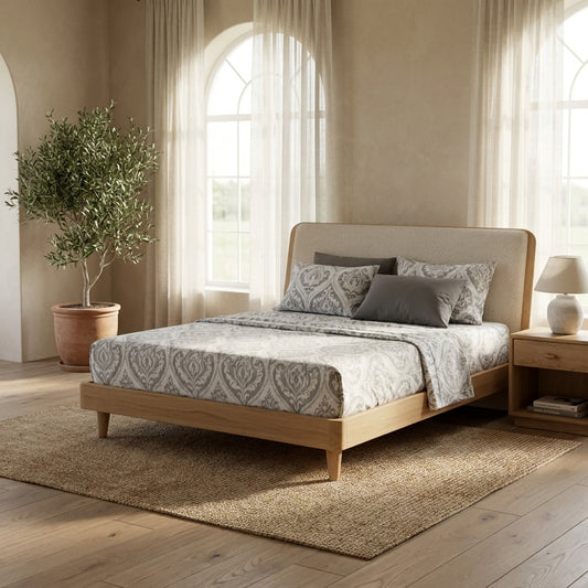 Polyester Ogee Damask Bed Sheet Set, Moon Sky Gray & White