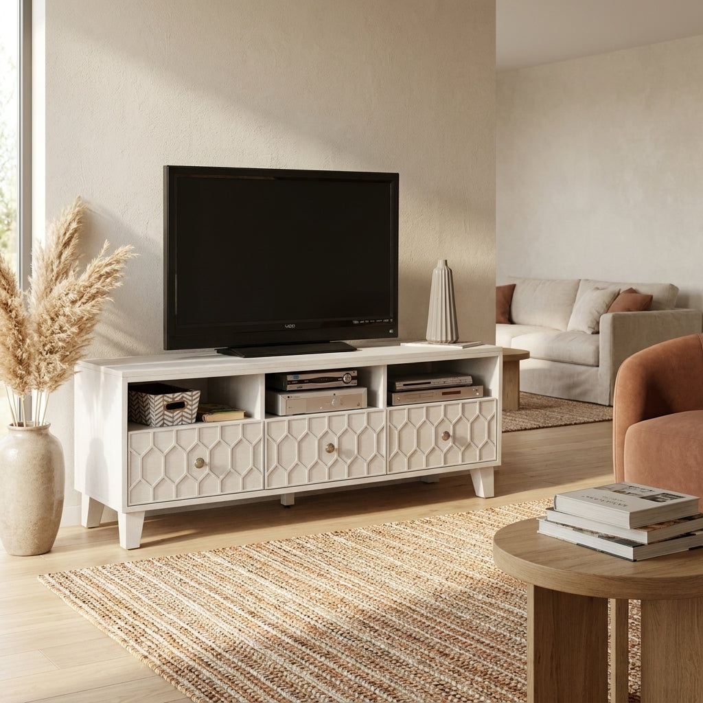Denver Mahogany TV Console with Honeycomb Design, Light Grey