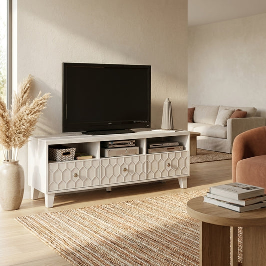 Denver Mahogany TV Console with Honeycomb Design, Light Grey
