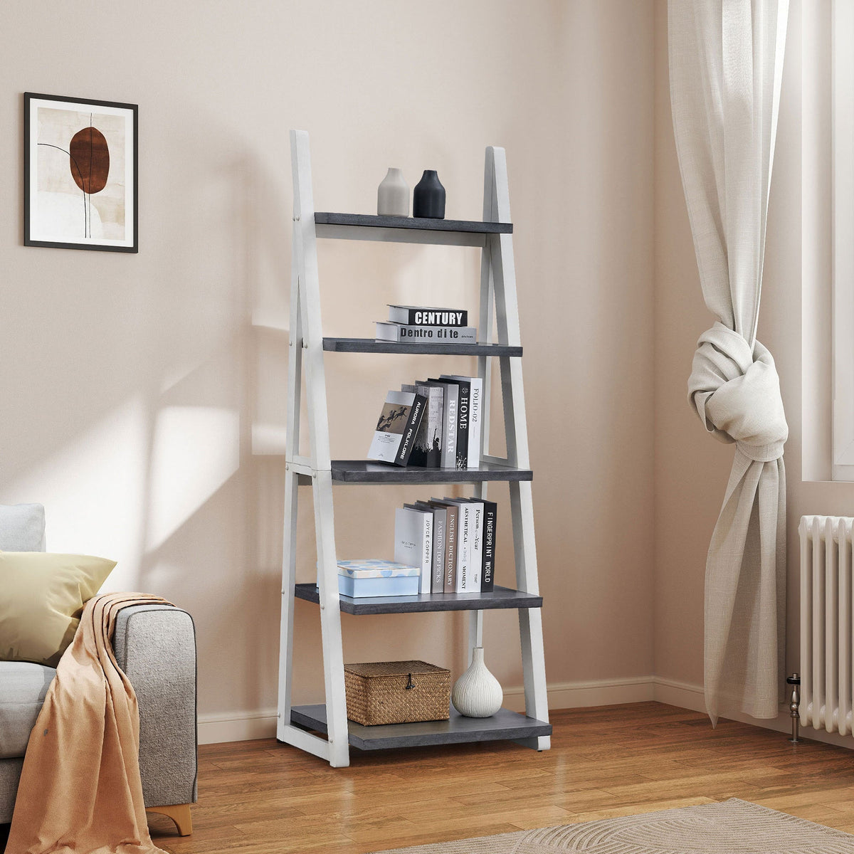 5-Tier Ladder Shelf with Rubber Wood Frame