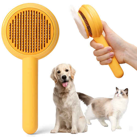 Pet Self-Cleaning Slicker Brush for Indoor Cats - Yellow, Resin Protected Massage Comb, Deshedding Tool