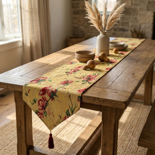 Tache Golden Woven Tapestry Table Runner - Red Roses & Hummingbirds (18115)