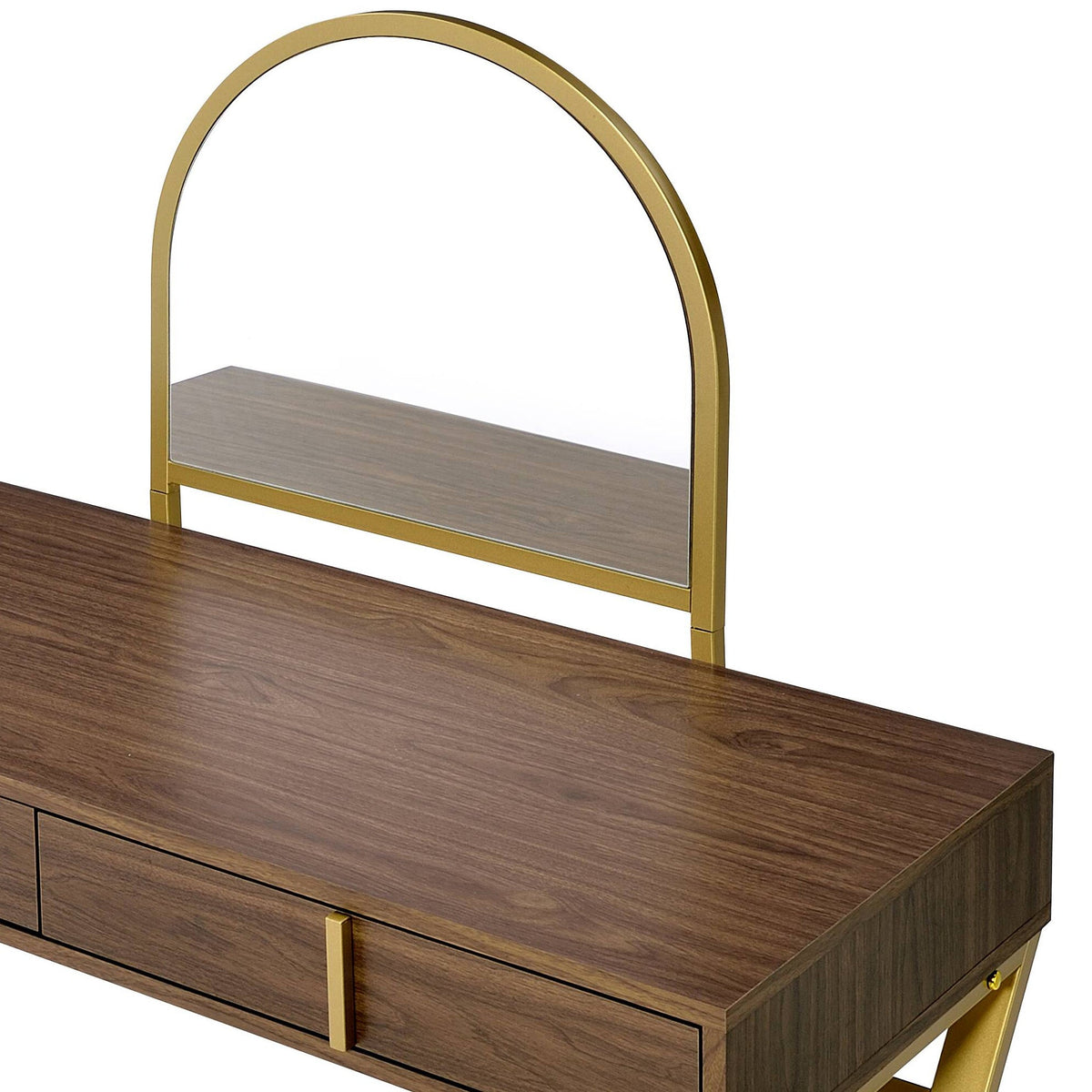 Walnut Vanity Desk with Mirror & Jewelry Tray - Gold Finish