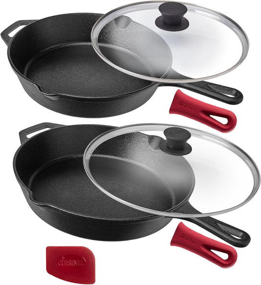 Cast Iron Skillet Set - 10" + 12" Frying Pan + Glass Lids + 2 Handle Cover Grips - Pre-Seasoned Oven Cookware - Indoor/Outdoor Use - Grill, Stovetop, Induction, BBQ, Camping, Fire Use