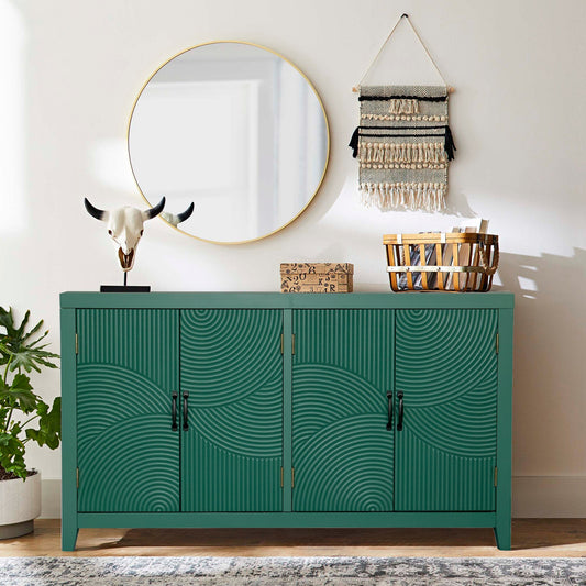 Dark green mid-century modern 4-door accent cabinet with metal handles in a dining room