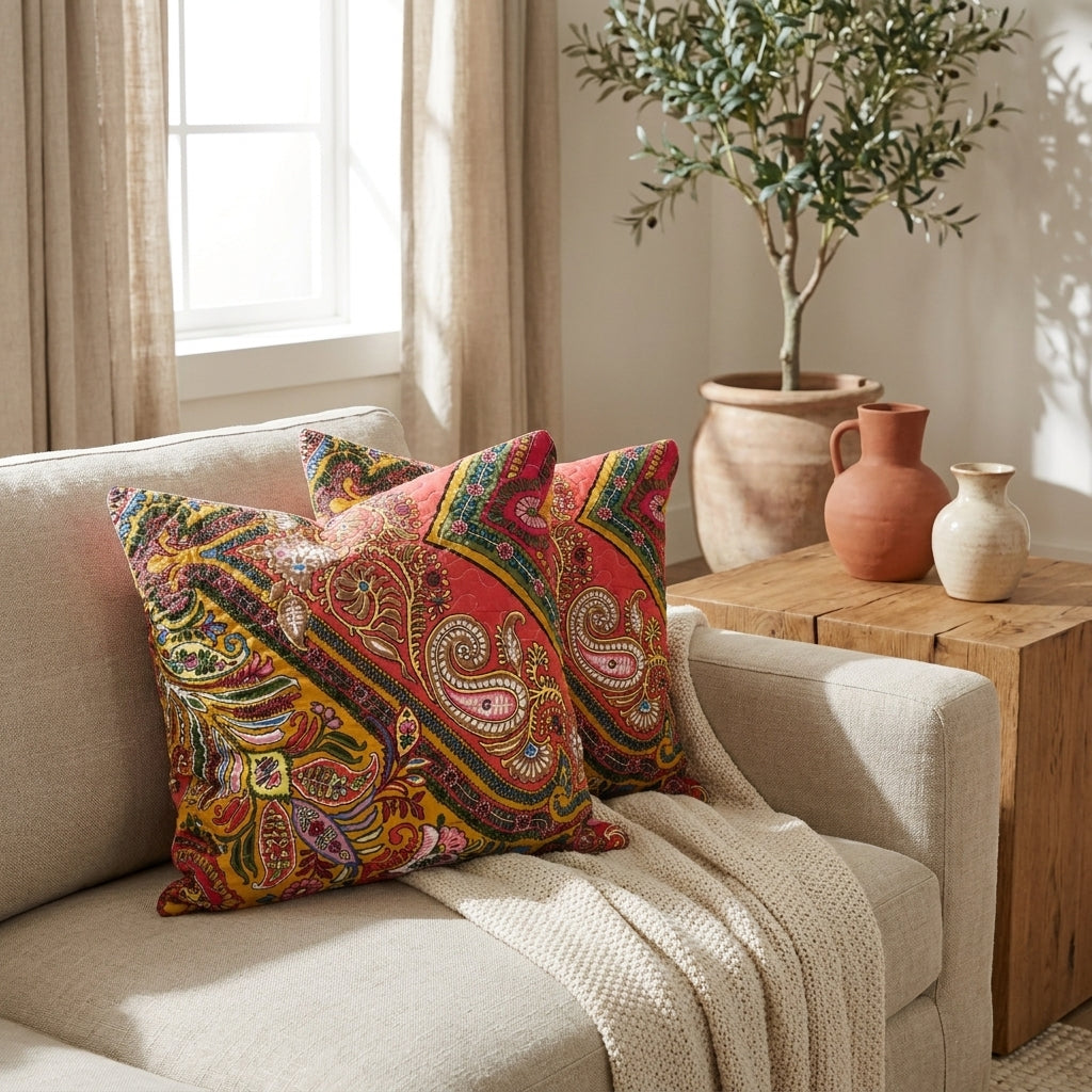 Polyester Intricate Floral Paisley Chevron Cushion Covers, Set of Two