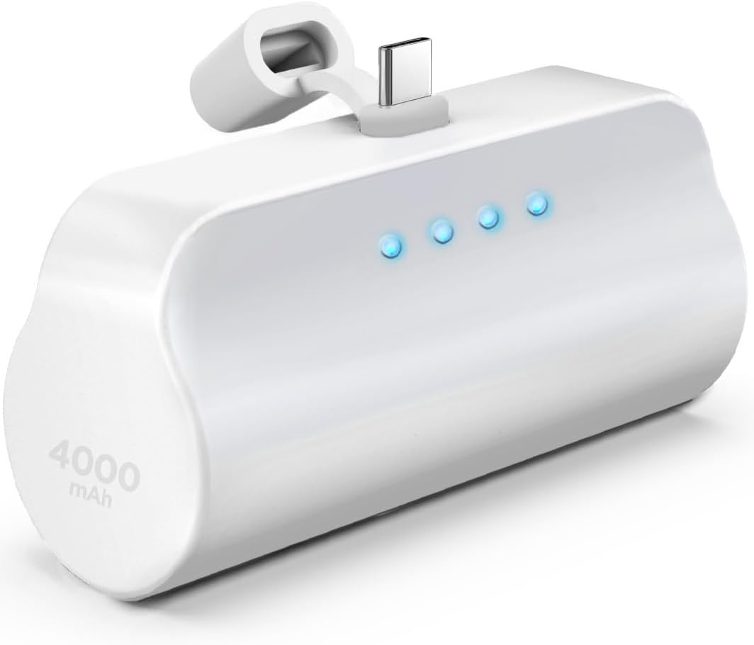 USB-C Battery Pack for iPhone 15 and 15 Pro Max - Fast Charging Type-C, Small Power Bank for Travel with Built-in Cable, 4000mAh (Fast Charging Enabled)