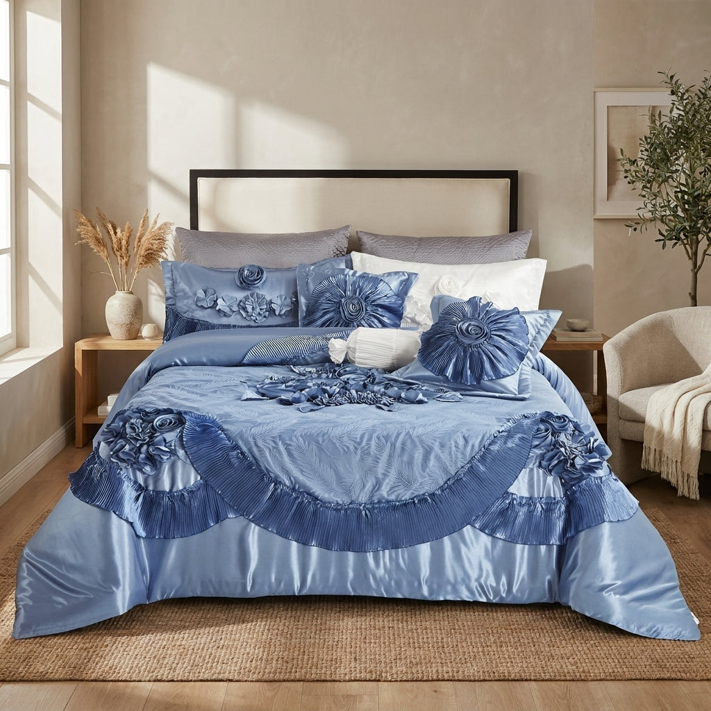 Satin Floral Lace Comforter Set, Sweet Victorian Blue