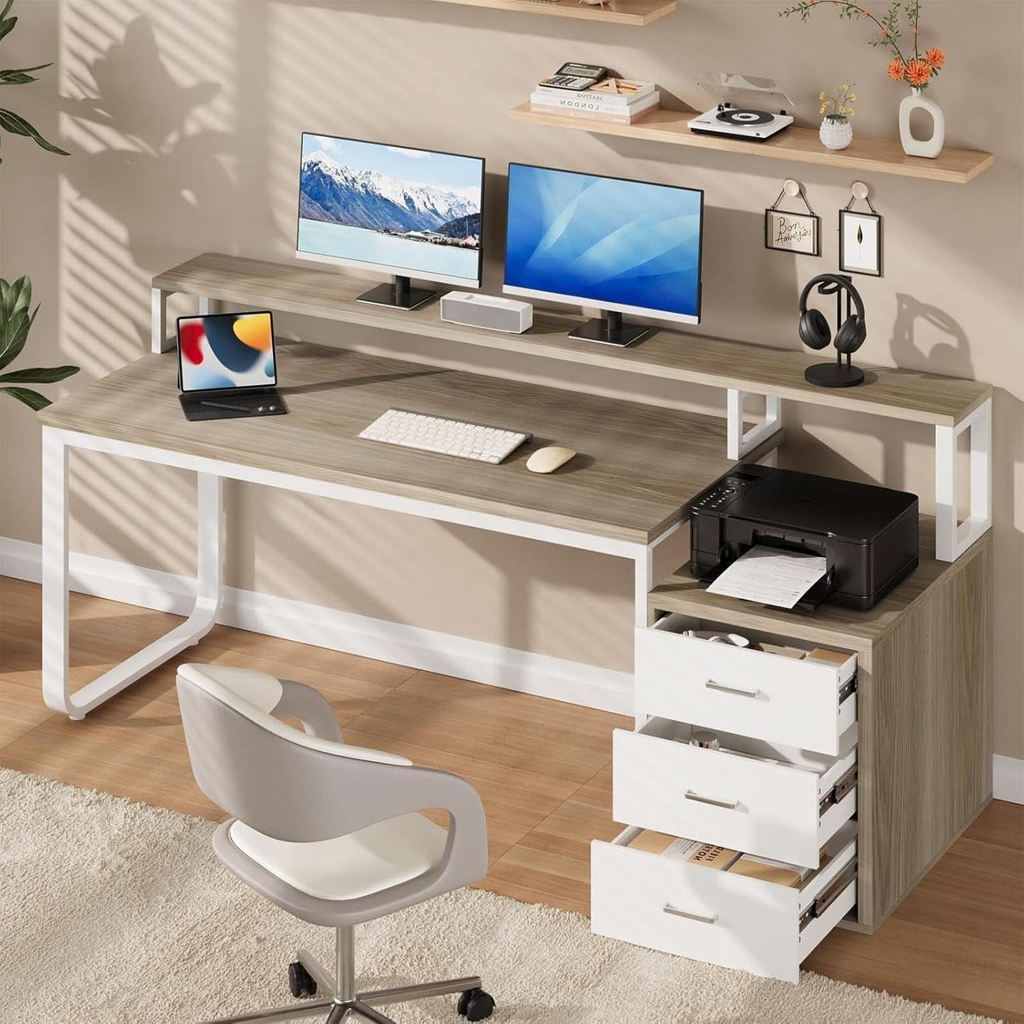 67 nch White Walnut Computer Desk With LED Lighting
