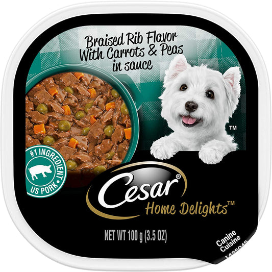 CESAR HOME DELIGHTS Braised Rib Wet Dog Food, Pork with Carrots & Peas, 3.5 oz Trays (24 Pack)