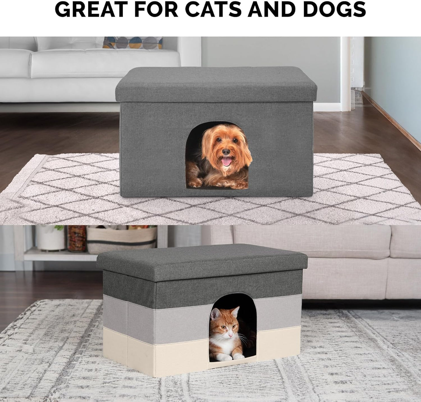 Pet House for Indoor Cats & Medium/Small Dogs, Collapsible & Foldable W/ Plush Ball Toy - Living Room Ottoman Cat Condo - Hygge Stripe (Gray/Cream), Large