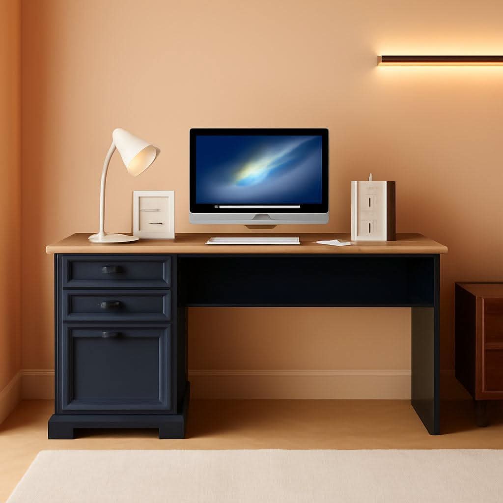 Blue Farmhouse MDF Executive Desk with Integrated Charging
