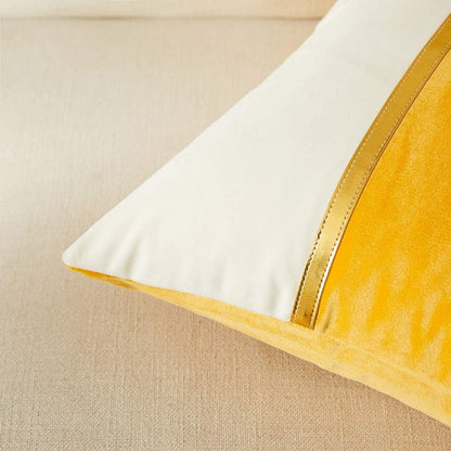 2 Packs Yellow Decorative Throw Pillow Covers 18X18 Inch for Living Room Couch Bed, Yellow and White Velvet Patchwork with Gold Leather, Luxury Modern Accent Square Cushion Case 45X45 Cm
