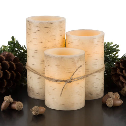 Set of 3 Vanilla Scented Flameless LED Candles – Realistic Faux Birch Bark Look, Dripless Beeswax – Safe & Stylish Indoor/Outdoor Battery Operated Pillar Candles with Remote Control, 6” Tall, Cream Beige