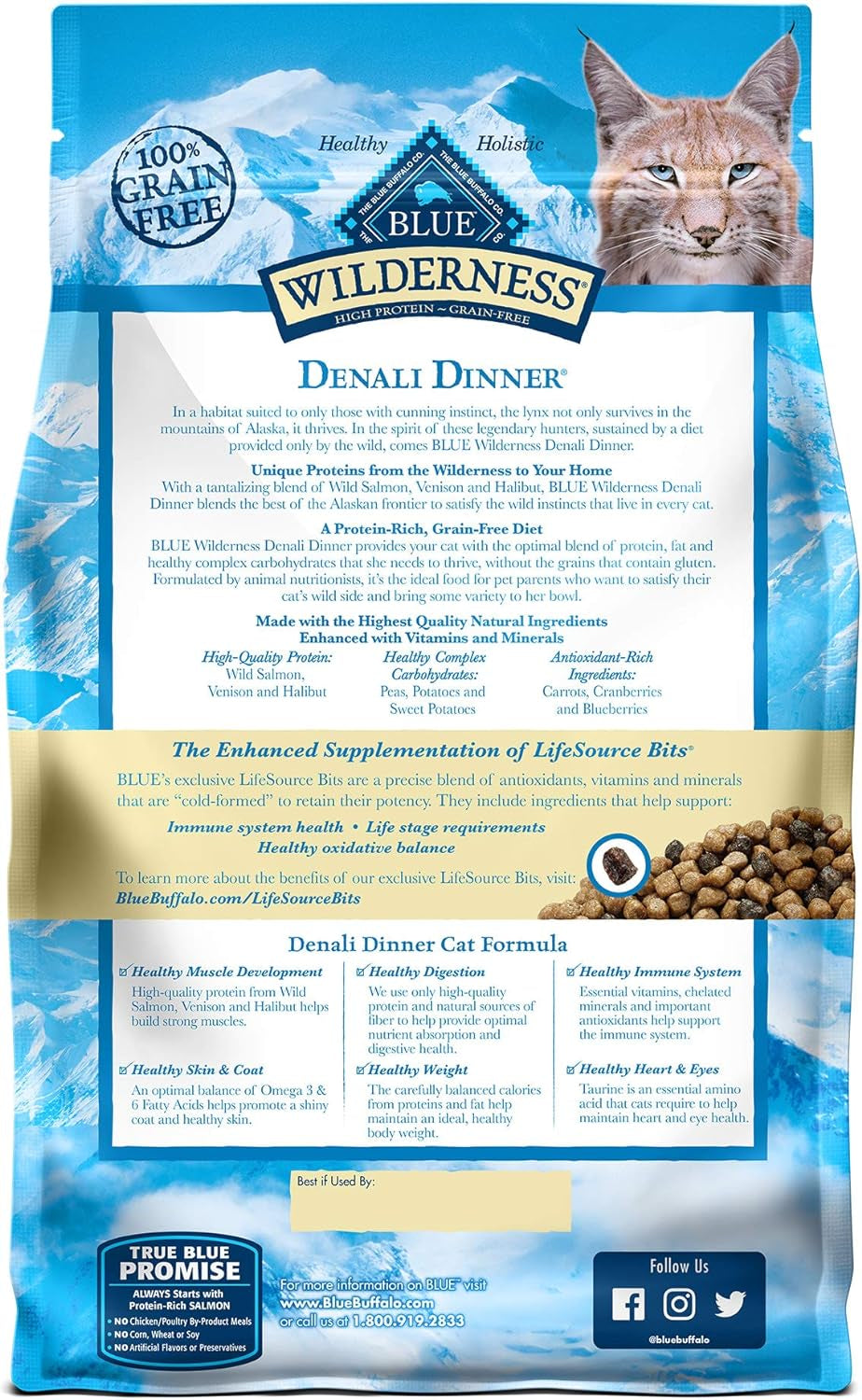 BLUE Wilderness Denali Dinner Dry Cat Food, High Protein, Grain-Free, with Wild Salmon, Venison & Halibut, 4 lb Bag