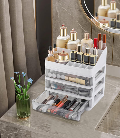 Cosmetics Makeup Organizer Storage: 9.6" Detach Make up Organizers and Storage with Clear Drawers Large Skincare Organizers for Vanity Countertop Dresser Bedroom Bathroom Desk